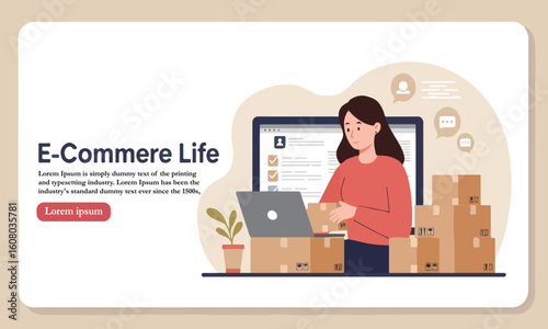 Flat Illustration Of A Woman Standing Next To Laptop And Packages, Ideal For E-Commerce, Retail, And Branding Purposes