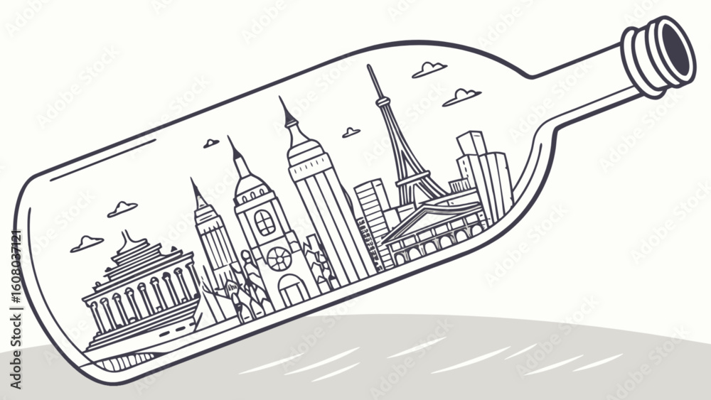 Obraz premium City skyline in a bottle travel souvenir drawing illustration