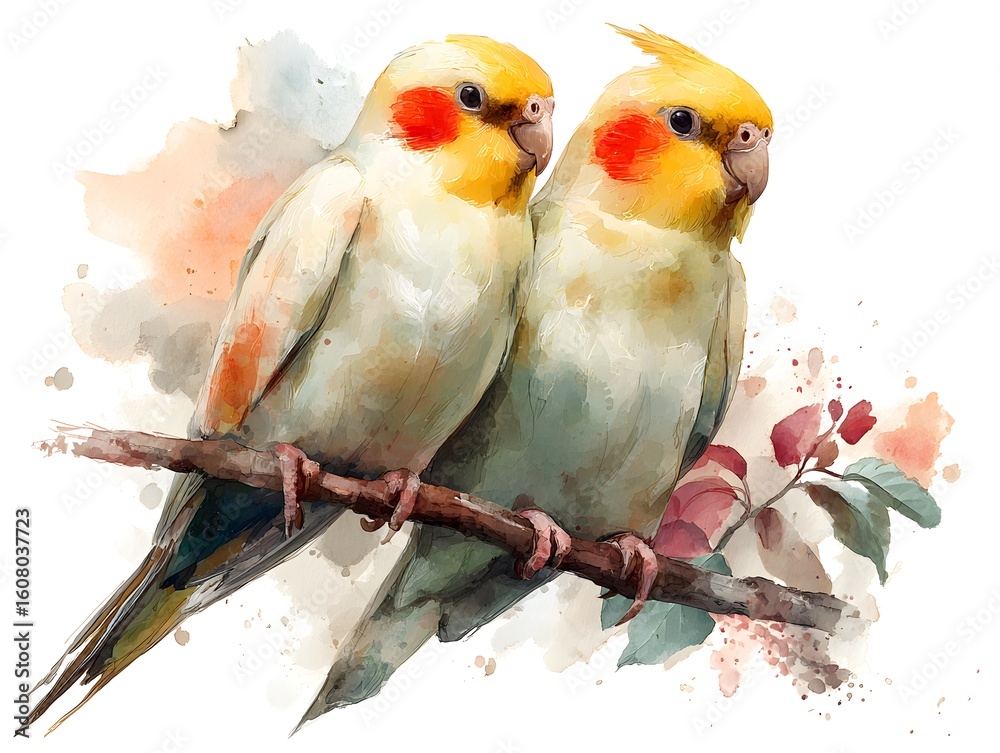 Obraz premium Watercolor painting depicts two cute cockatiels perched on a branch, showcasing delicate details and soft colors.