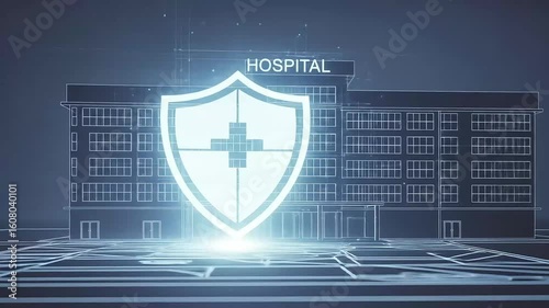 Hospital Building Wireframe with Glowing Protection Shield Animation