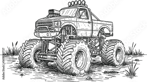 Detailed Hand-Drawn Illustration of a Monster Truck with Oversized Wheels
