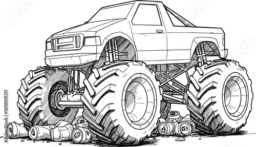 Detailed line art depiction of a monster truck crushing cans on a white backdrop