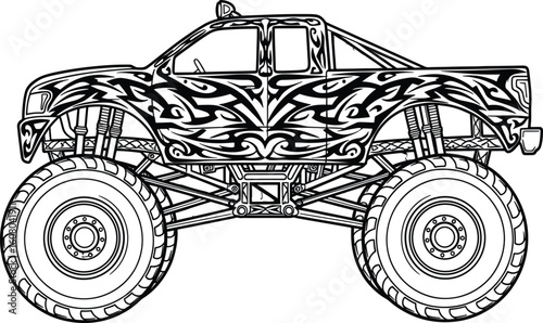 Detailed line art illustration of a monster truck with tribal design elements
