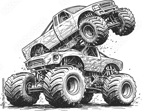 Dynamic black and white illustration of two monster trucks performing a stunt