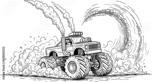 Dynamic black and white monster truck illustration leaving a trail of smoke clouds