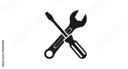 Crossed Wrench and Screwdriver Icon: Black Silhouette Tools