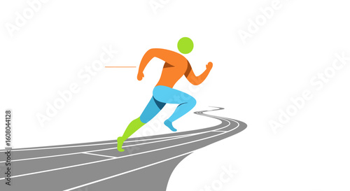Minimalist graphic of a colorful athlete sprinting on a curved running track.