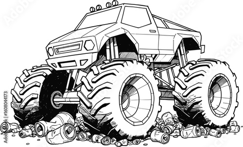 Illustration of a monster truck crushing aluminum cans depicting waste and pollution