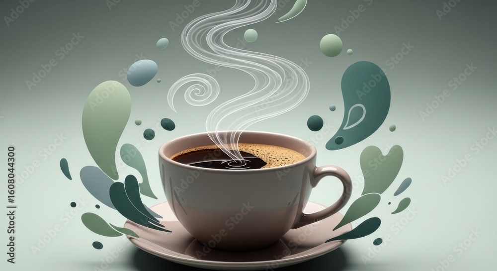 Obraz premium A steaming cup of coffee with swirling aromatic vapor rising into the air surrounded by abstract shapes