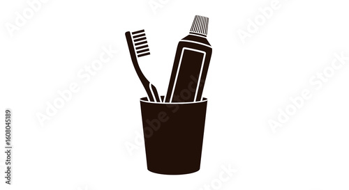 Black Silhouette of Toothbrush and Toothpaste in Holder