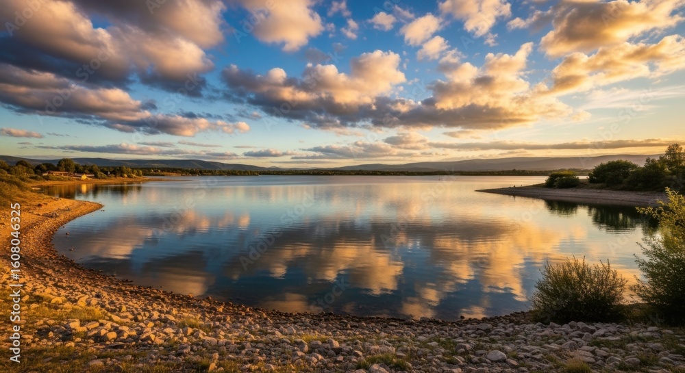 Obraz premium Peaceful Lake Reflections Under a Golden Hour Sky