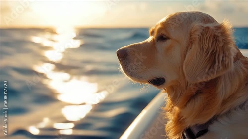 Sunset view on the ocean with a golden retriever dog looking towards land.