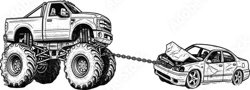 Monster truck towing a damaged car illustration for extreme off roading concept