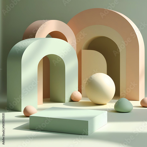 Soft pastel archways and spheres abstract geometric display