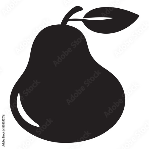 A simple black silhouette of a pear isolated on white background, representing healthy eating, natural sweetness, and the bounty of the harvest