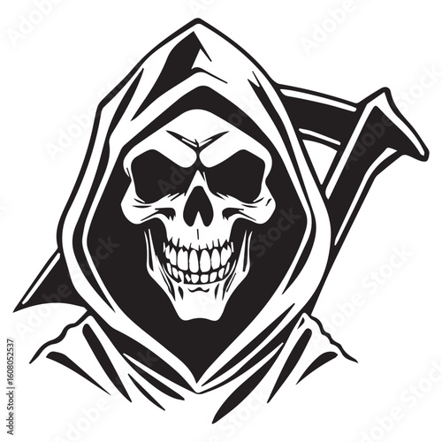 A menacing black and white grim reaper skull with a hood and scythe is isolated on white background, evoking a sense of horror