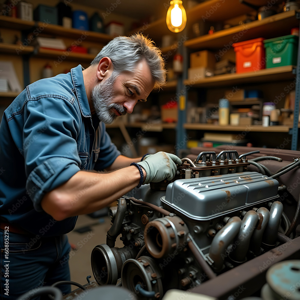 Skilled mechanic working on a car engine in a workshop Skilled mechanic working on a car engine in a workshop