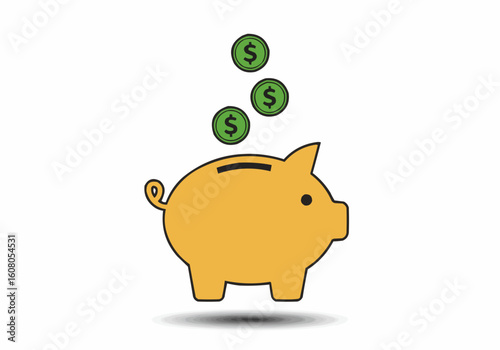 A yellow piggy bank with three green coins falling into it on a white background with a slight shadow