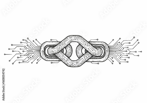 Illustration of a chain link connected to a circuit board on a white background in black and white