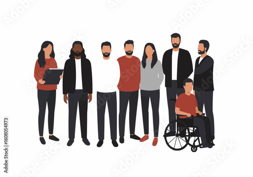 Group of diverse people standing together with one person in a wheelchair on a white background