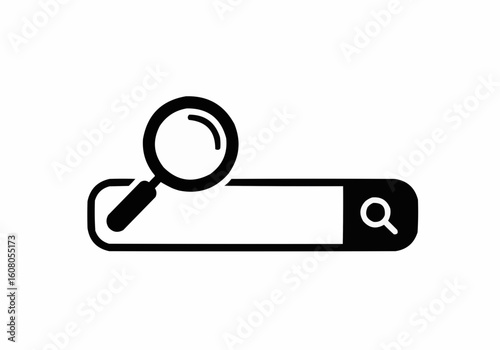 A black and white illustration of a search bar with a magnifying glass on the left and right side
