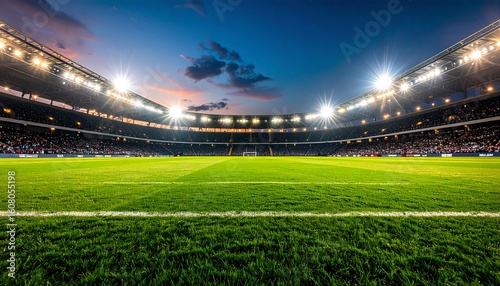 Full shot of a soccer stadium at dusk, illuminated by spotlights.  Spectators fill the stands