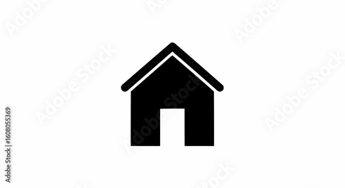 Simple black house icon with a pointed roof and a white door on a white background isolated image