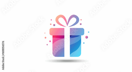 Illustrated gift box with a pink and blue color scheme and a bow on top with confetti around it