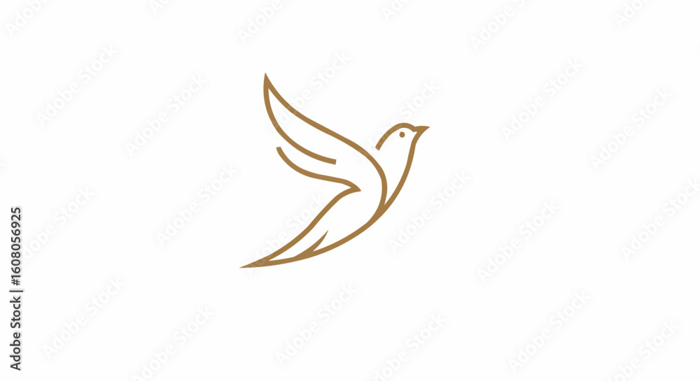 Fototapeta premium Golden contour drawing of a bird in flight with simplified wing and body details on white background