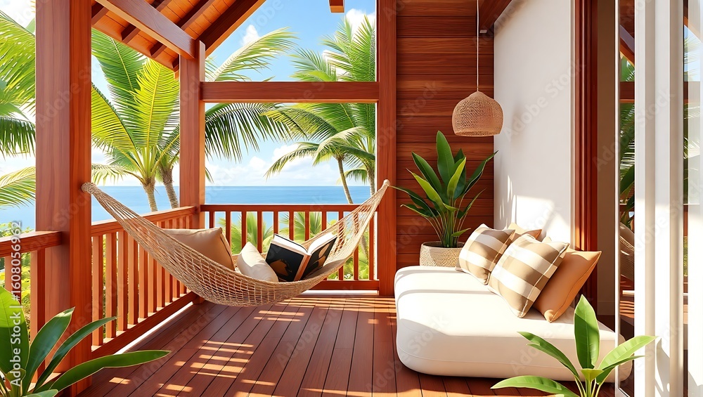 Fototapeta premium Cozy reading nook on a tropical balcony, hammock and cushions, 3D illustration