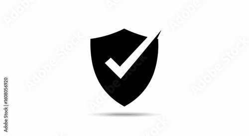 A black shield with a white check mark on top, isolated on a white background, protection concept image