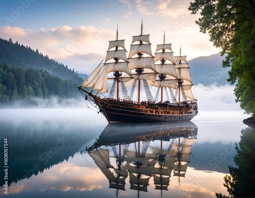 Majestic sailing ship on a misty lake.  A vintage-style tall ship, with billowing sails, floats peacefully on a still lake reflecting the surrounding landscape.  