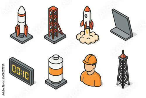Isometric space exploration icons: rocket launch, control panel, and astronaut