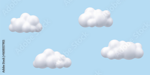 White 3d cloud shapes floating on a blue sky. Cartoon vector render for weather forecast or graphic design element.
