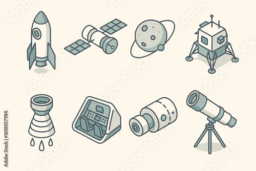 Space exploration icons: rocket, satellite, planet, lunar lander, telescope
