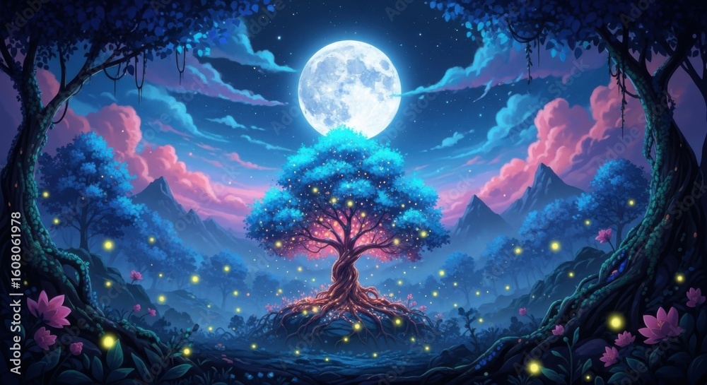 Naklejka premium Enchanted Forest Under a Radiant Full Moon with Glowing Fireflies and Mystical Trees