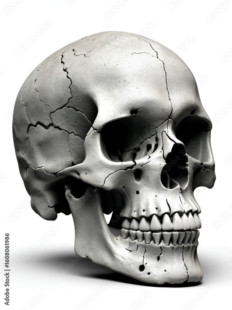 Obraz premium Isolated skull with cracks and a weathered texture on a white background