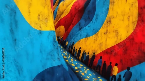 Colorful Crowd Ascent: A Journey Through Vibrant, Dreamlike Dimension of Abstract Existence