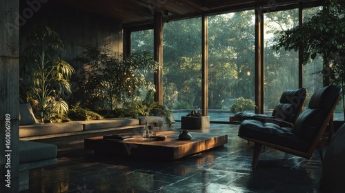 Idyllic interior with a stunning panoramic view of nature and cozy armchairs
