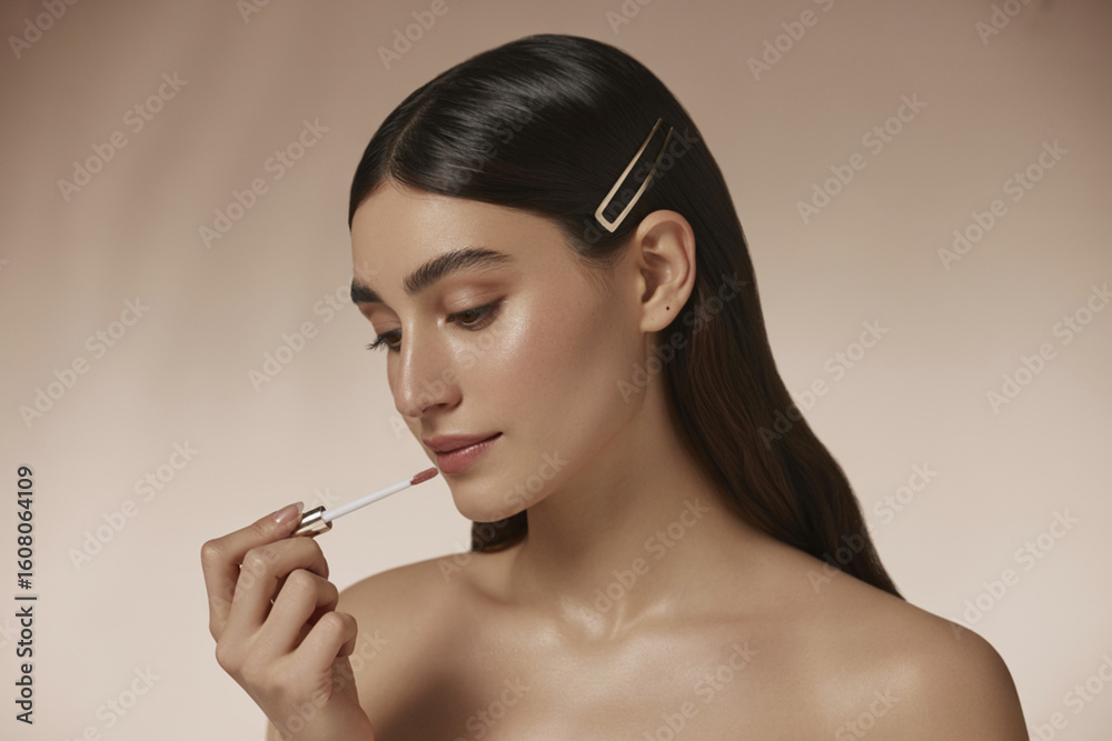 Obraz premium A young woman with long, sleek black hair parted in the middle, wearing a gold hair clip accessory, applies liquid lipstick to her lips.