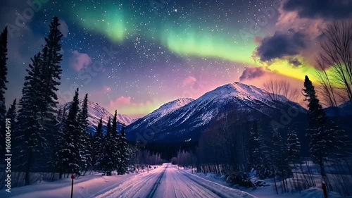 Aurora Borealis Shining Over Snow-Covered Mountains and Quiet Road in Winter Landscape