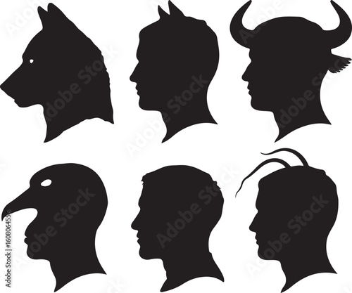 Animal and human head silhouettes animal heads human heads