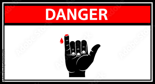 Danger warning sign with a black icon of a hand in a shaka pose, showing a cut and bleeding pinky finger.