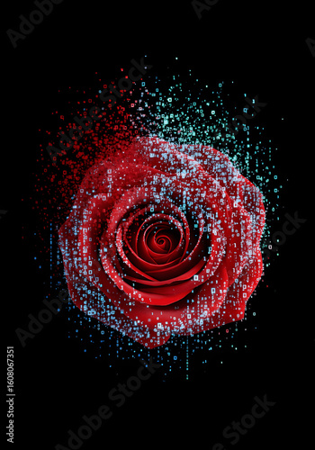 Red Rose Disintegrating into Digital Binary Data (generative ai)

