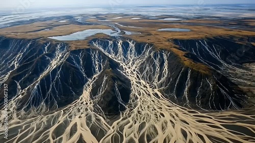 Aerial View of Unique Landscape with Snow-Covered Ridges and Water Bodies in Arctic Region