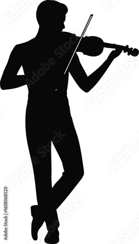 Silhouette of Man Playing Violin in Relaxed Standing Pose – Black Vector Illustration