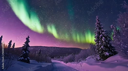 Aurora Borealis Illuminating a Serene Winter Landscape at Night with Snow-Covered Trees