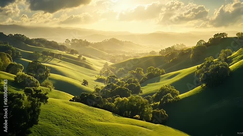 Lush Green Hills Under Sunlit Sky with Dramatic Cloud Formation in Scenic Nature Landscape