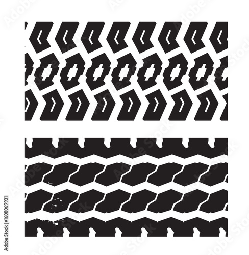 Tire tread tracks. Car, motorcycle and bicycle mark prints. Rally bike wheel dirty traces.