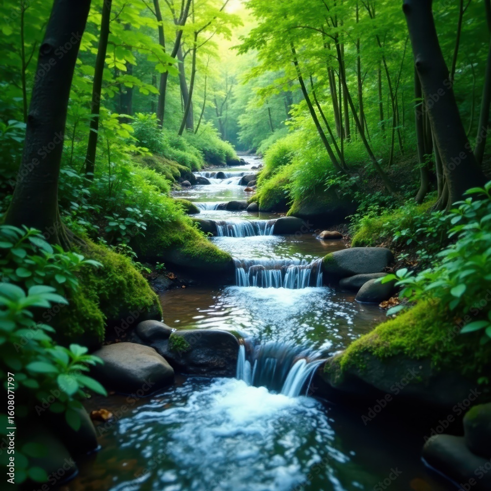 Obraz premium Water stream meandering through dense foliage, foliage, hanakapiai, tropical